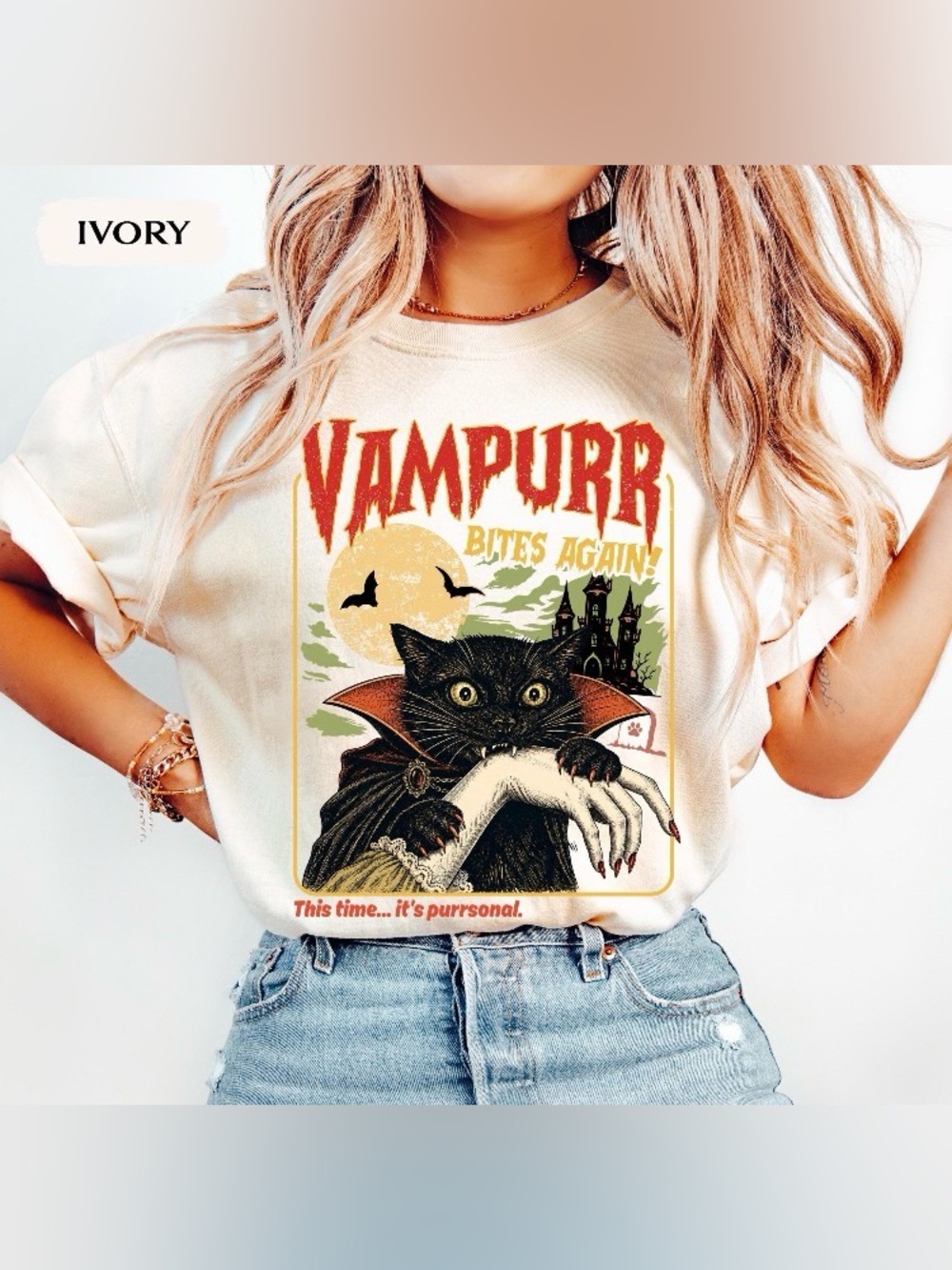 Vampurr Bites Again Halloween Tee, Spooky Black Cat Lover, Funny Cat  Halloween